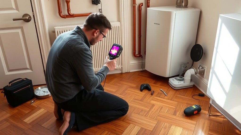 Engineer locating central heating leak using thermal imaging in Leatherhead